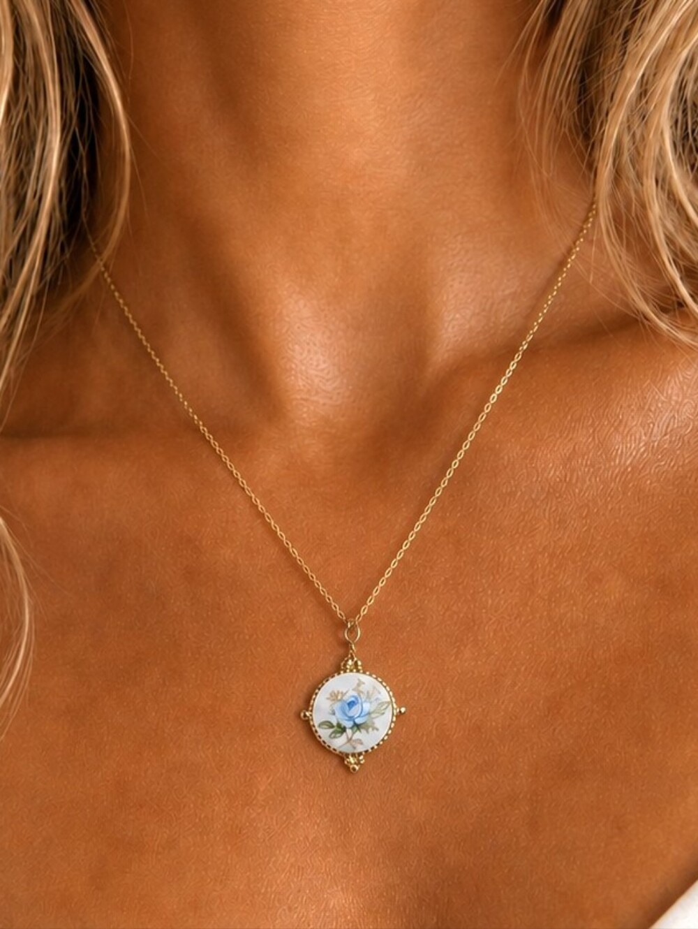 Vintage Limoges Blue Rose Glass Cabochon Necklace